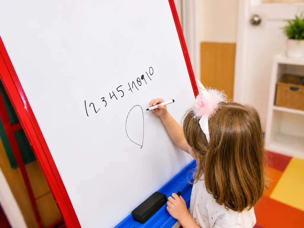 A child at Ideal Daycare concentrating on numbers at a classroom easel