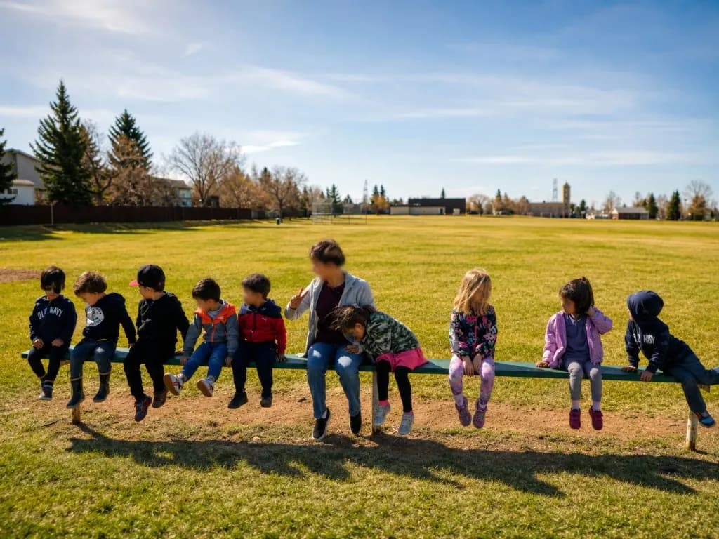 Children on a walking outing near the park in Mill Woods