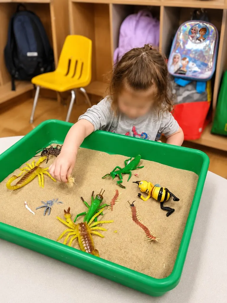 A child exploring a sand tray filled with model insects and spiders