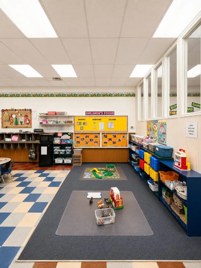 A classroom area at Ideal Daycare with labelled storage bins and displays