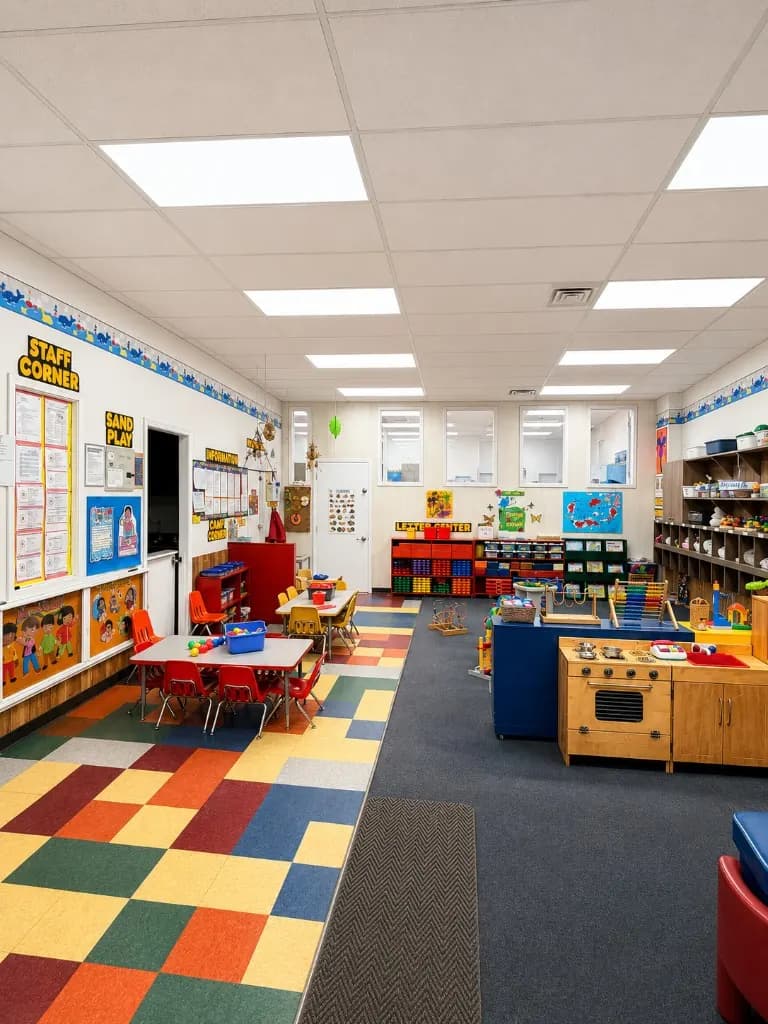 Kindergarten room with a letter centre, staff corner, and activity tables