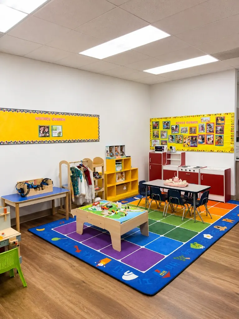 The Academic Pre-K room with a science corner, house corner, and learning table